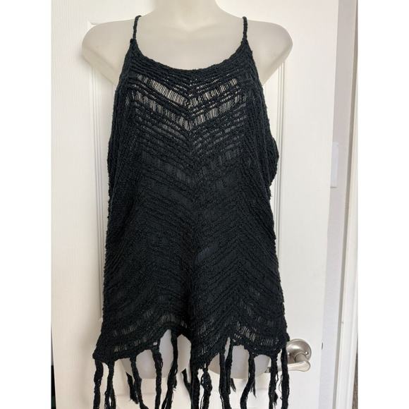 90s Y2K Black Crochet Knit Fringe Tank Top Boho Festival Western Hippie‎ Size L - Picture 2 of 8